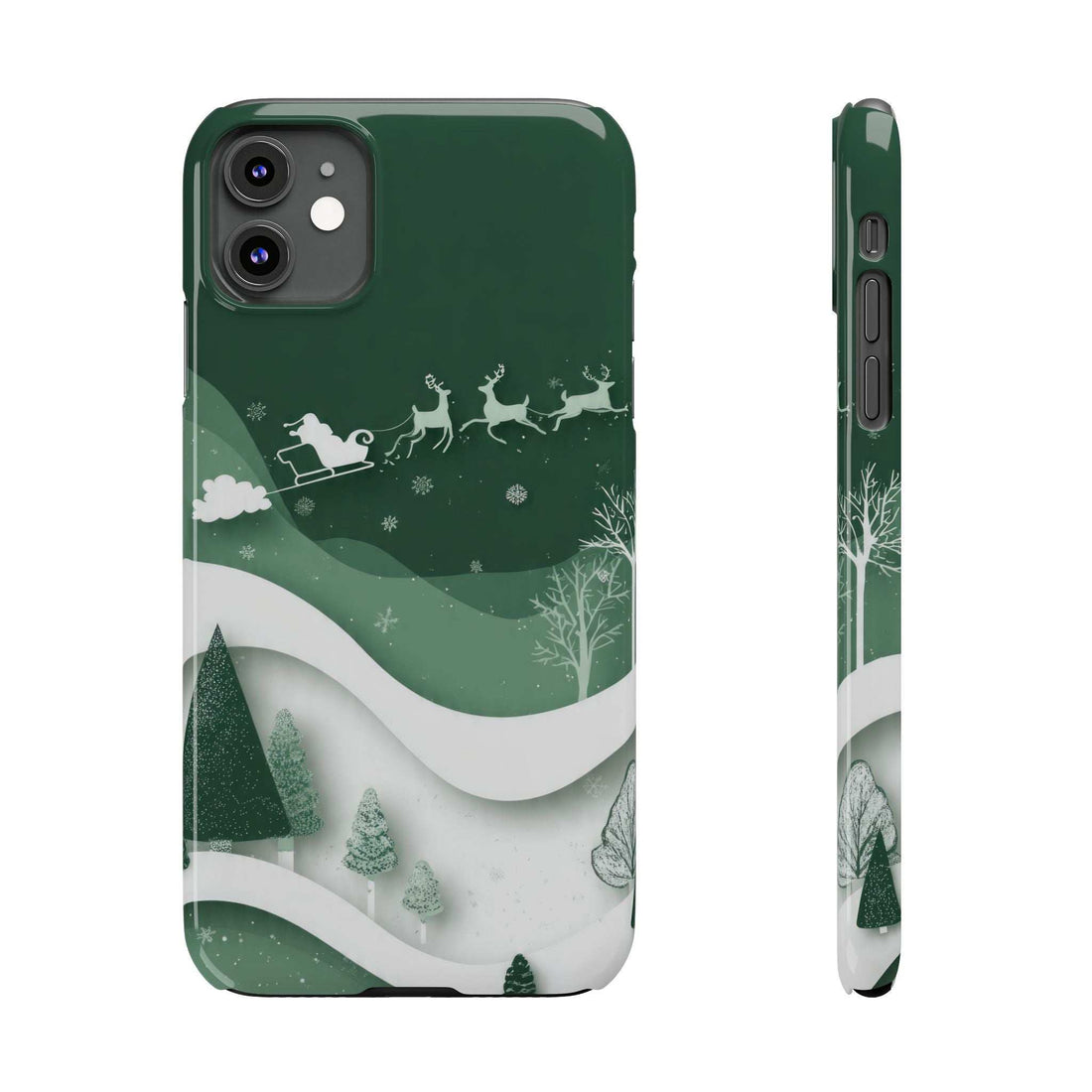 Green phone case with snowy landscape waves, reindeer and sleigh, camera cutouts