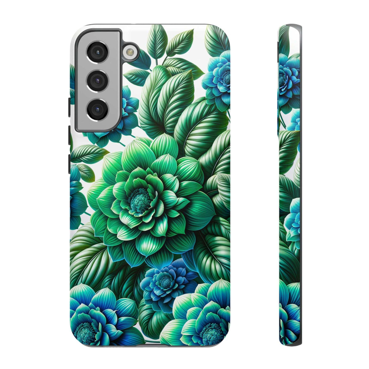 Green and blue floral phone case with camera cutouts, shown front and side view.
