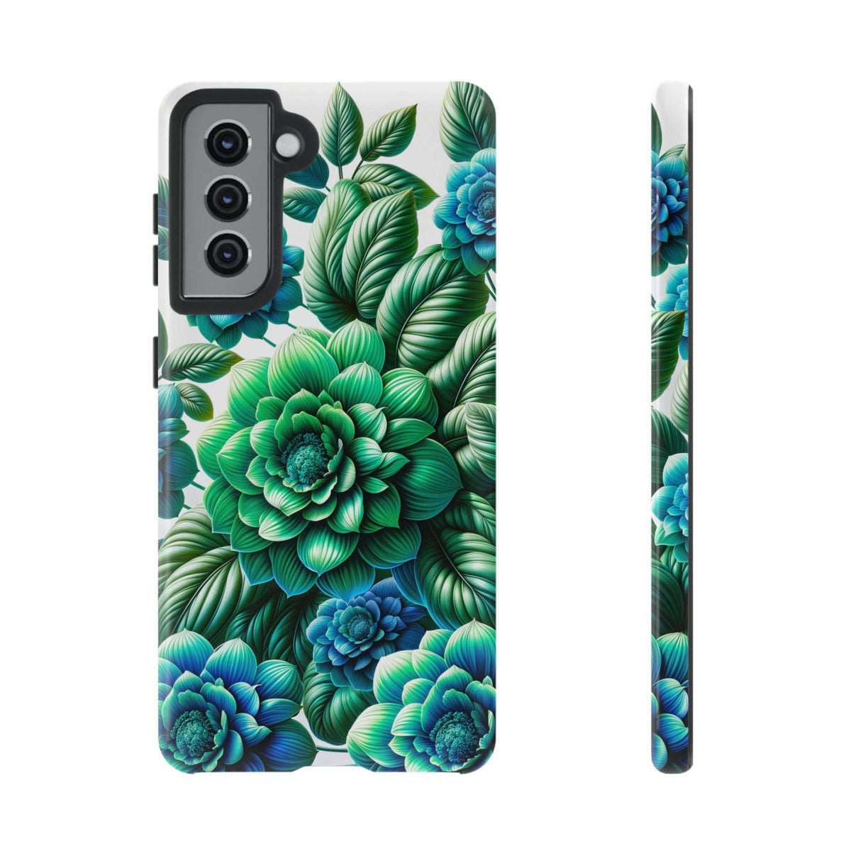 Green and blue floral phone case with large flower cluster and side protection edges