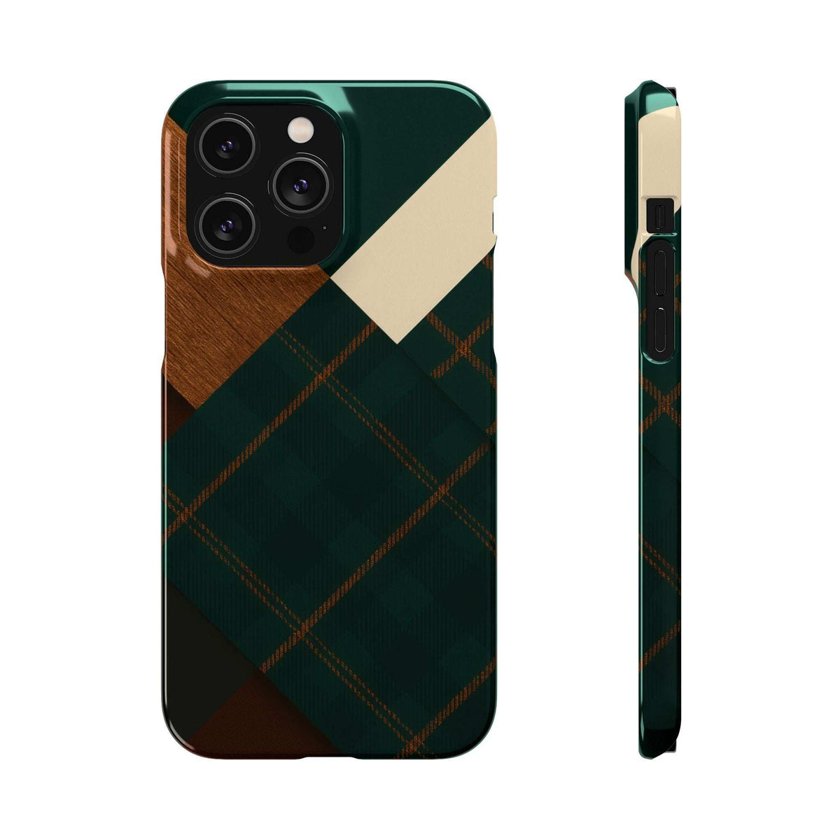 Phone case with dark green and tan patchwork plaid design; triple camera cutouts