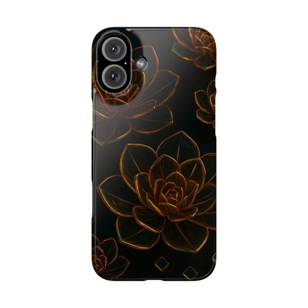 Glossy black glass phone case featuring gold-brown flower artwork and triple camera cutout