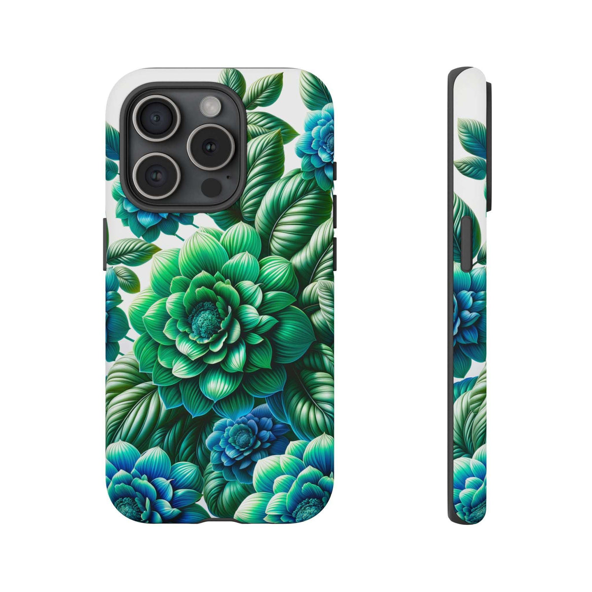 Floral phone case in green and blue with leafy pattern; back view with multi-camera cutouts