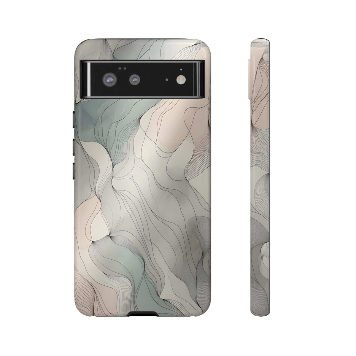 Pastel wave phone case, beige with light blue wavy lines; top section shows lens cutouts