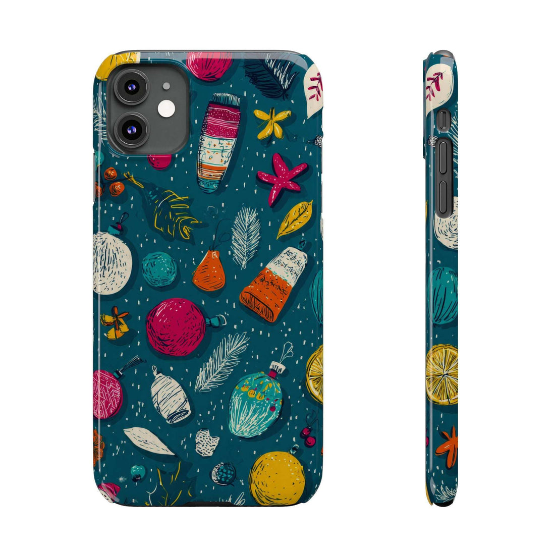 Teal winter-themed phone case with colorful ornaments and leaf shapes
