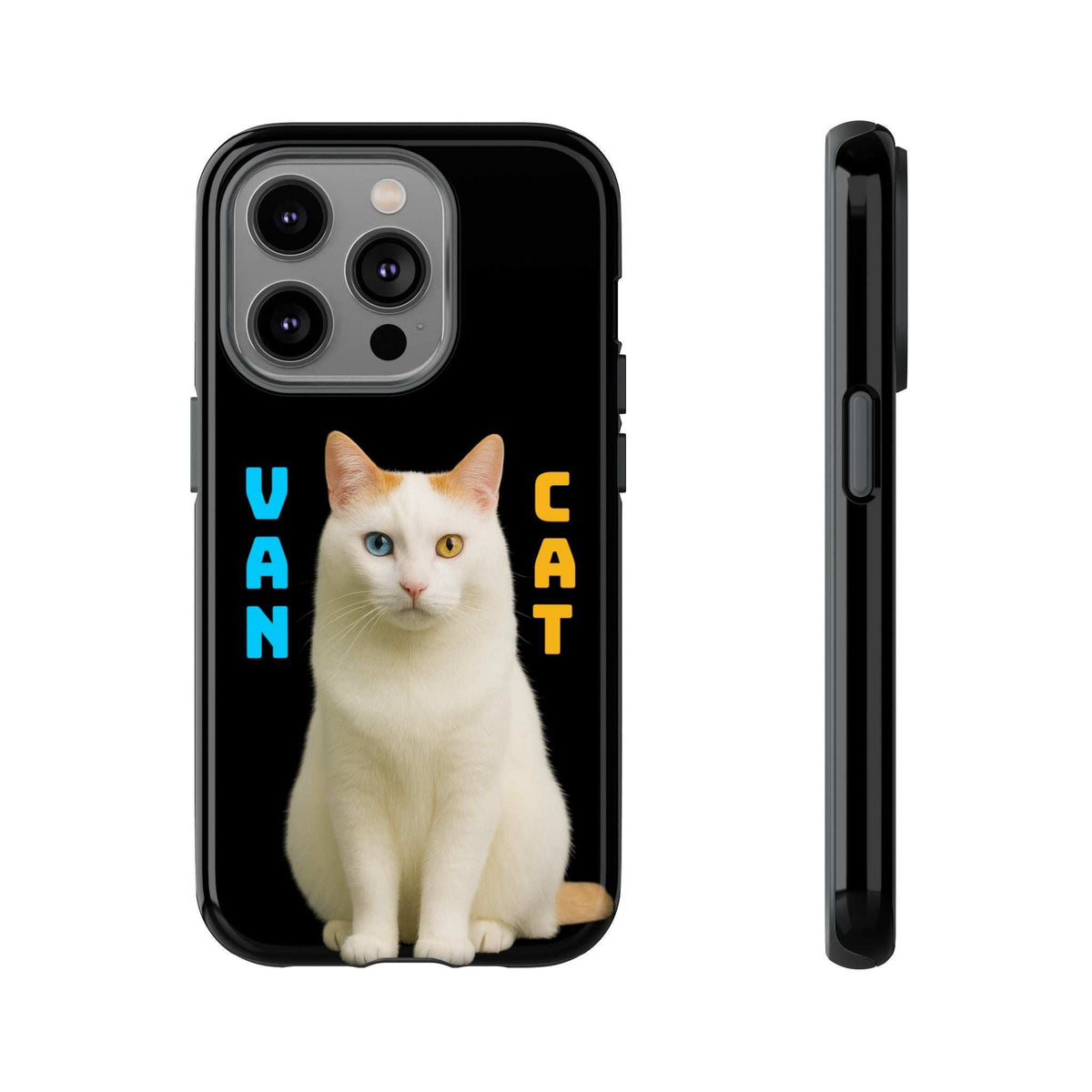 Glossy black phone case featuring a sitting cat print and side profile