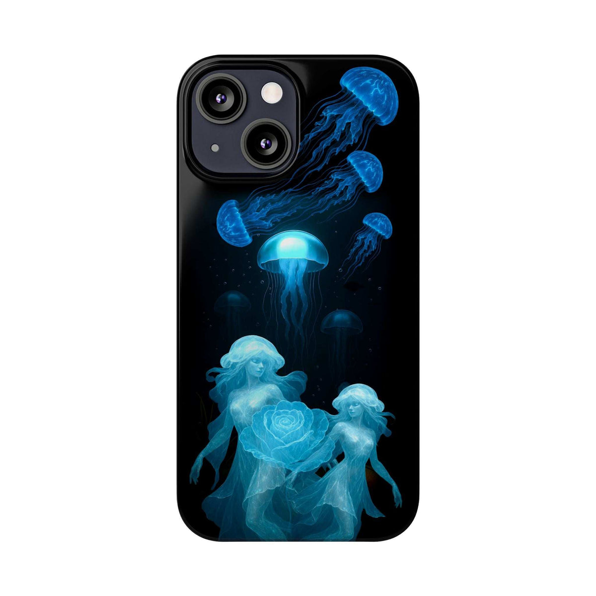 Black jellyfish and rose phone case with glowing blue underwater artwork