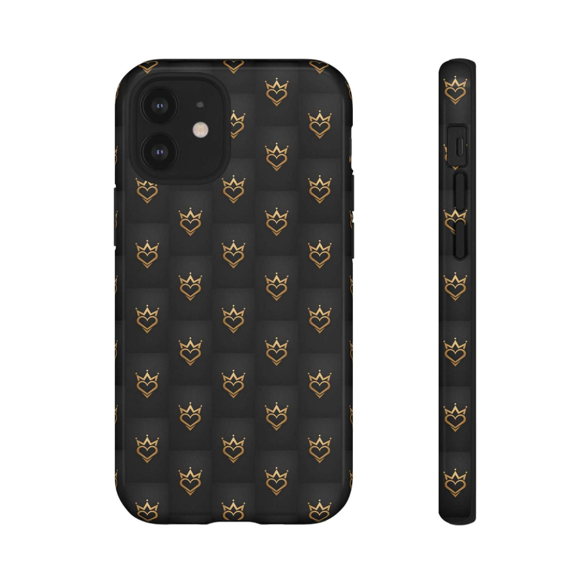 Black phone case with repeating gold crown and heart doodles, back and side shown