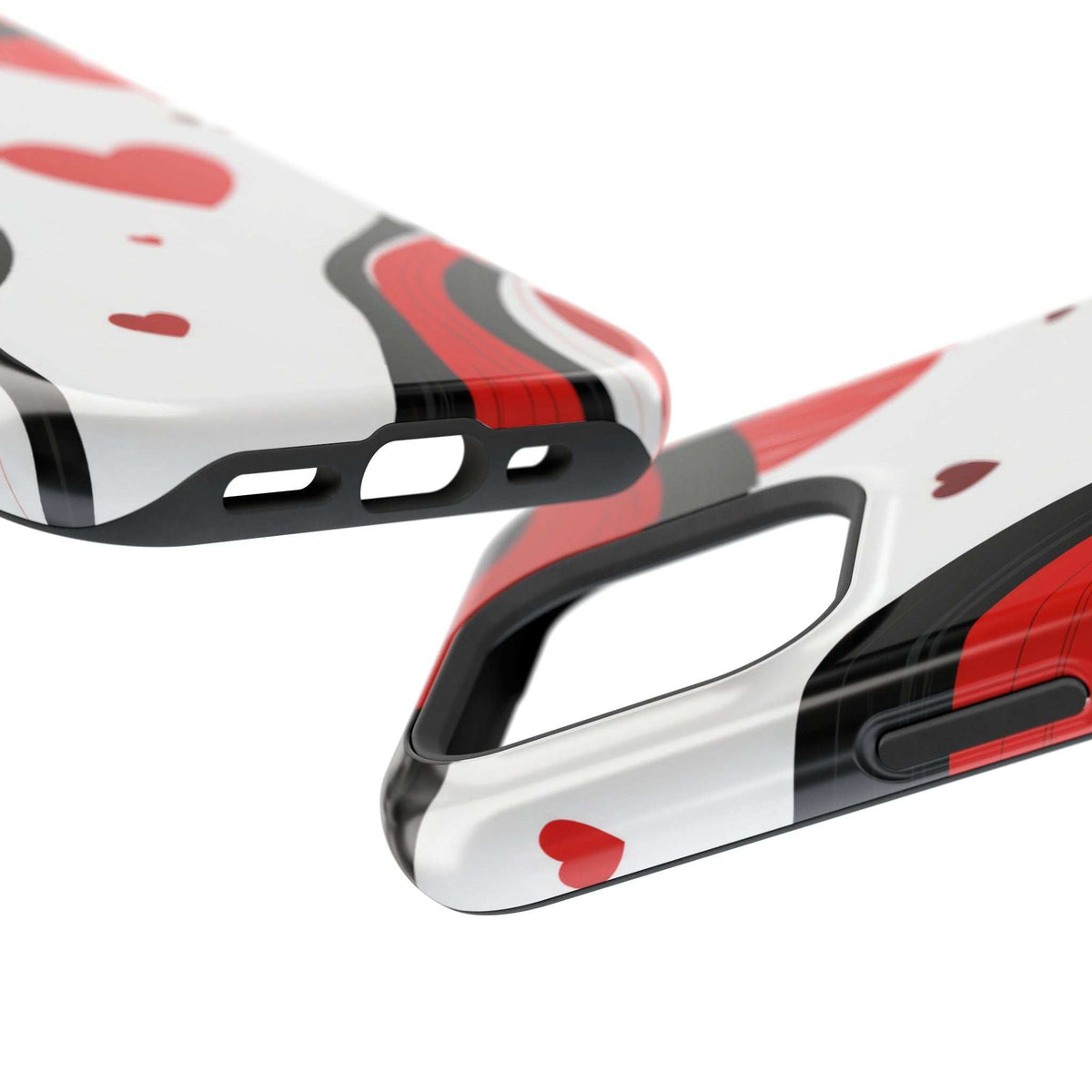 Phone case close-up of bottom edge with port openings and red heart wave pattern.