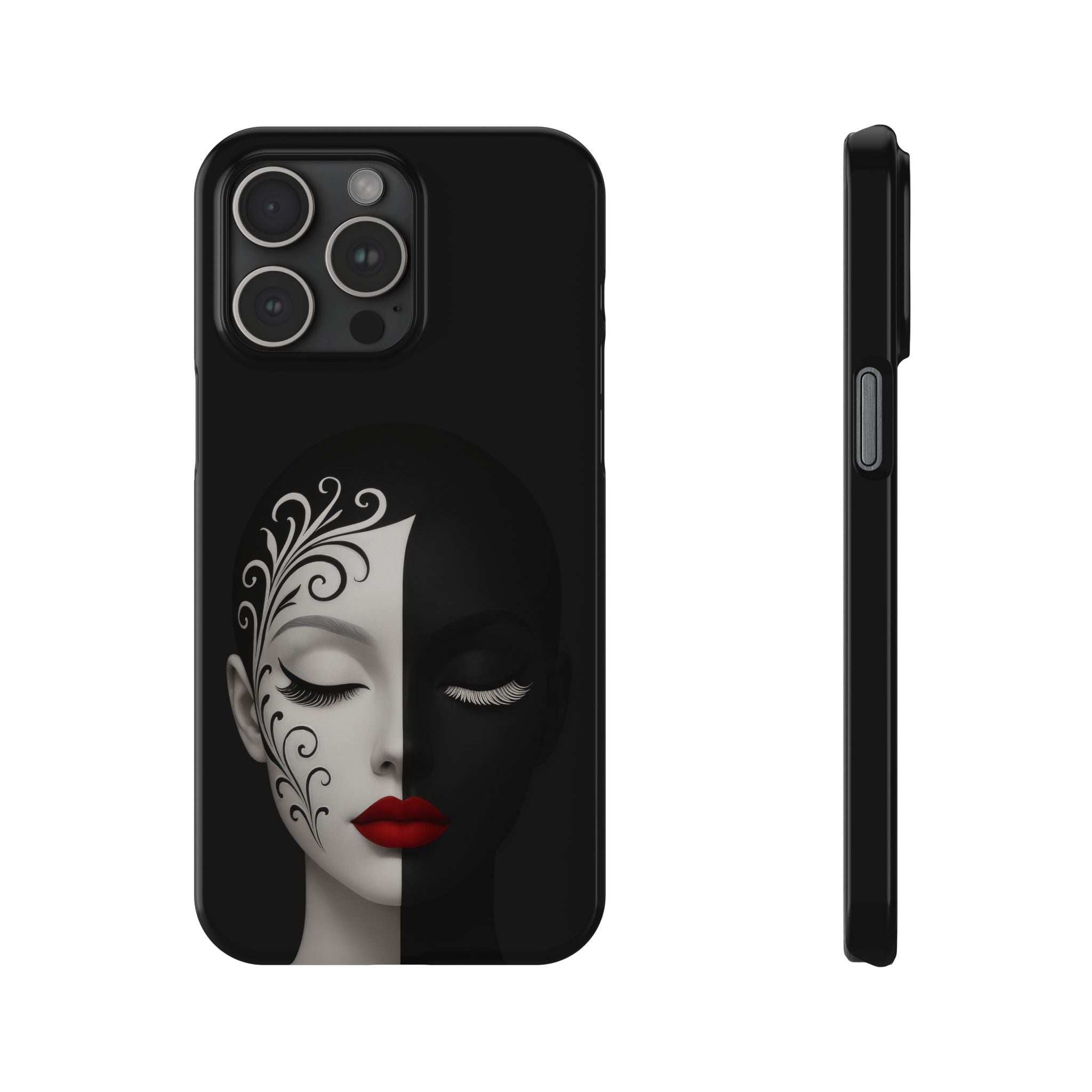 Black iPhone phone case with split face art, red lips, ornate swirls; shows side edge view