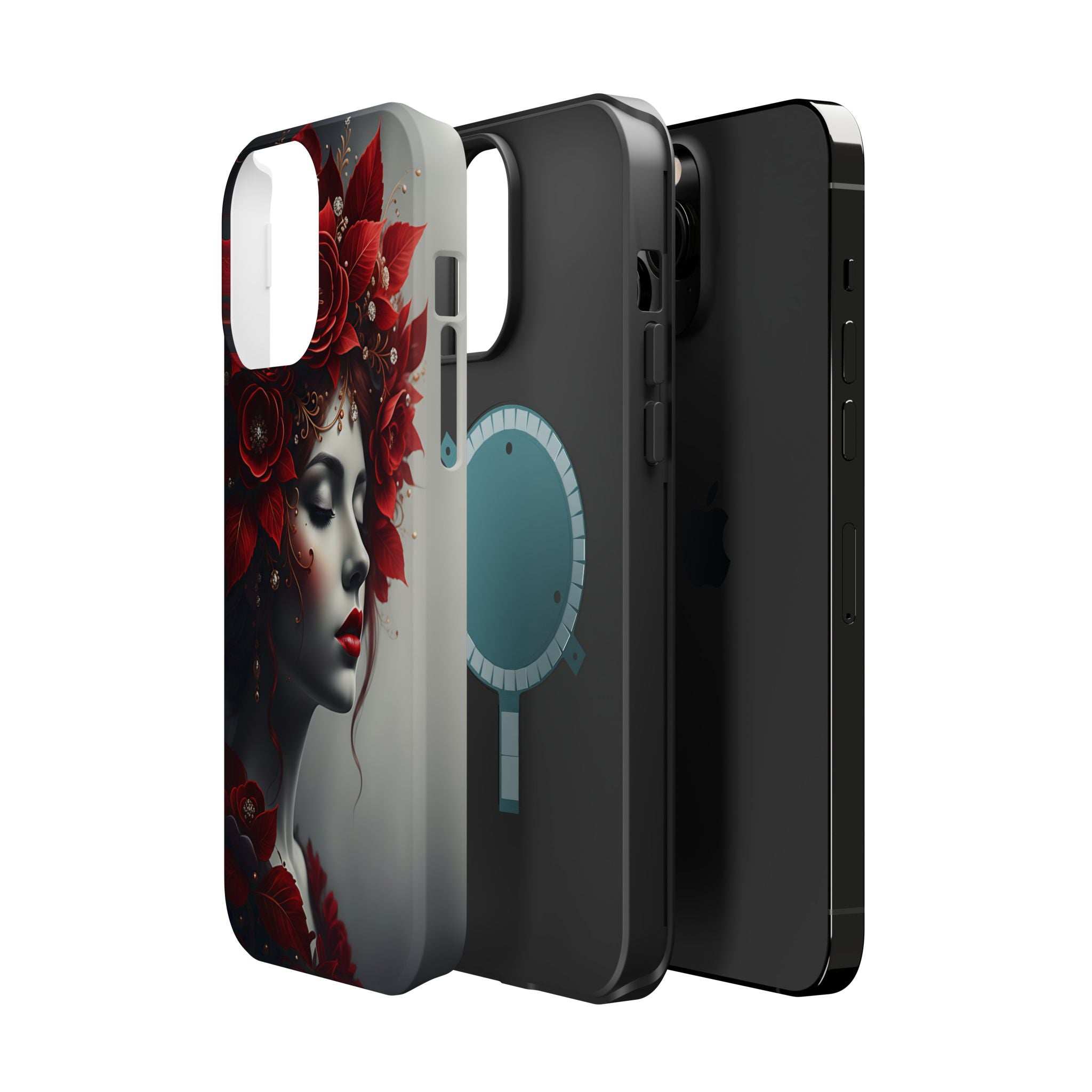 Portrait phone case with red floral woman art and blue pendant, three-quarter back