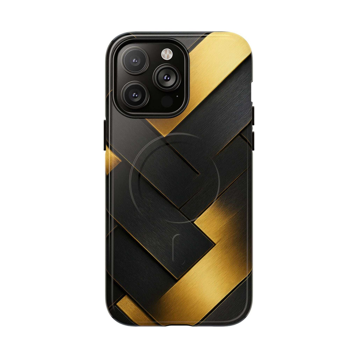 Glossy black phone case with gold diagonal stripe pattern and raised camera cover