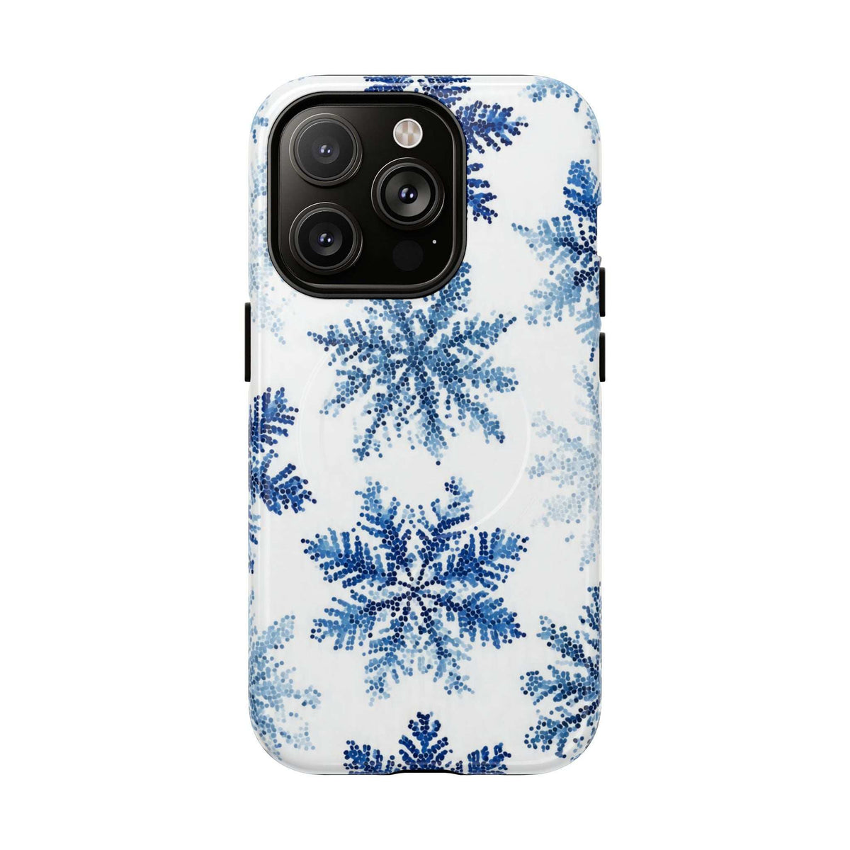 Snowflake phone case for iPhone 13-17, white with blue snowflake print, triple camera cutout