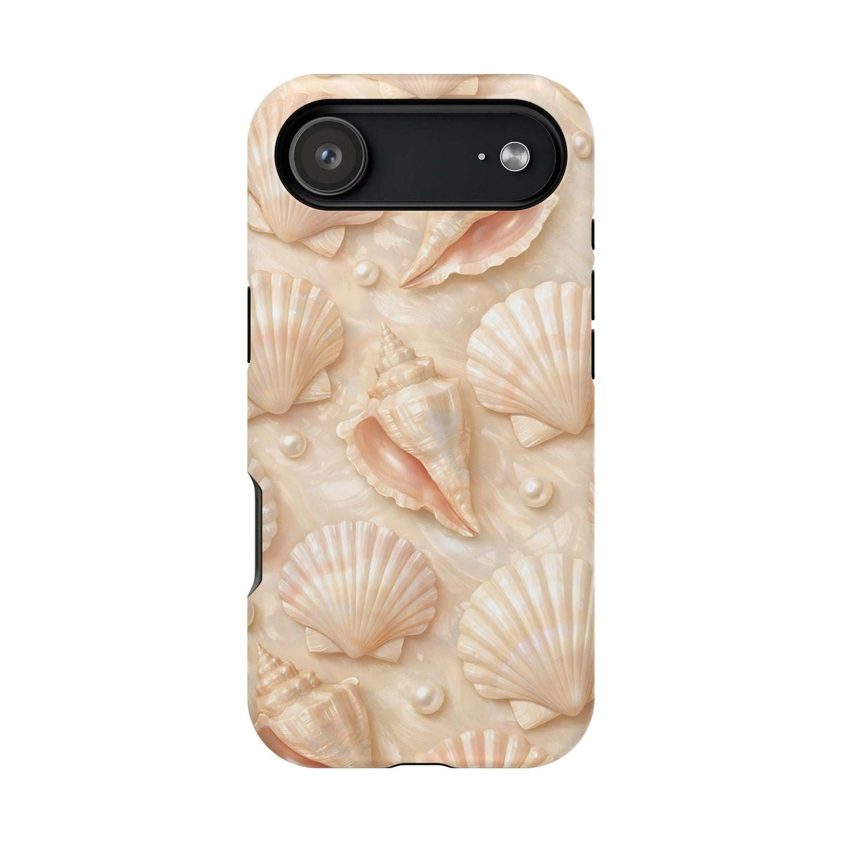 Seashell phone case for iPhone 13–17 with beige shell pattern and horizontal camera bar cutout