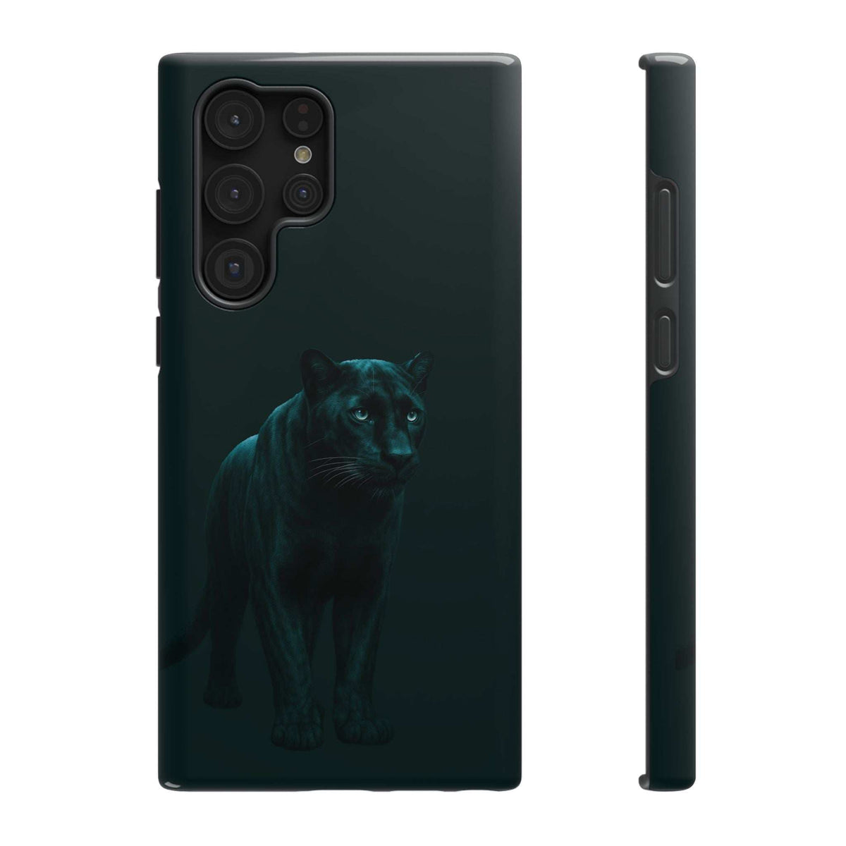 Dark phone case with panther graphic and raised camera cutouts; side view included
