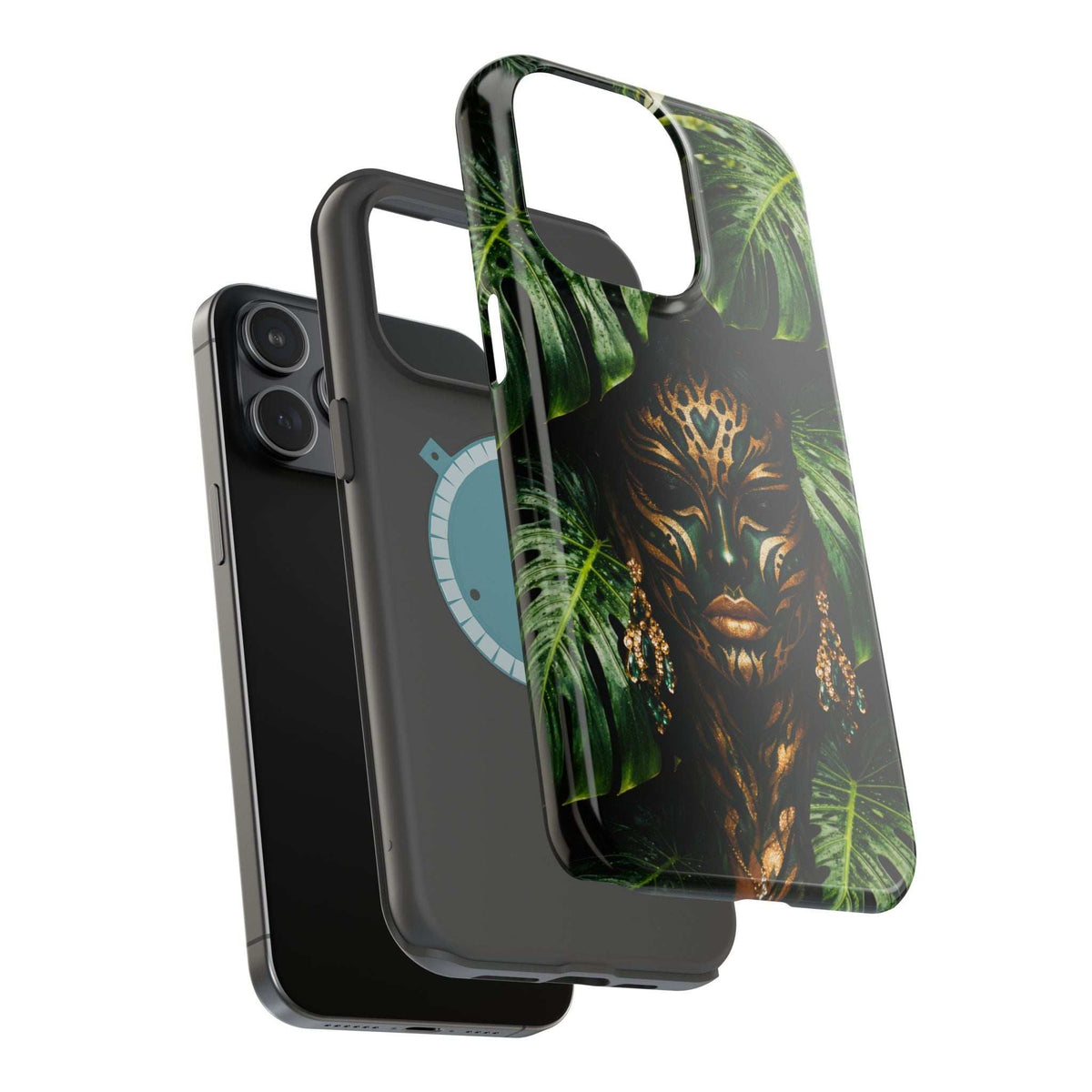Phone case showing jungle lion face and leaf pattern, with button and camera openings