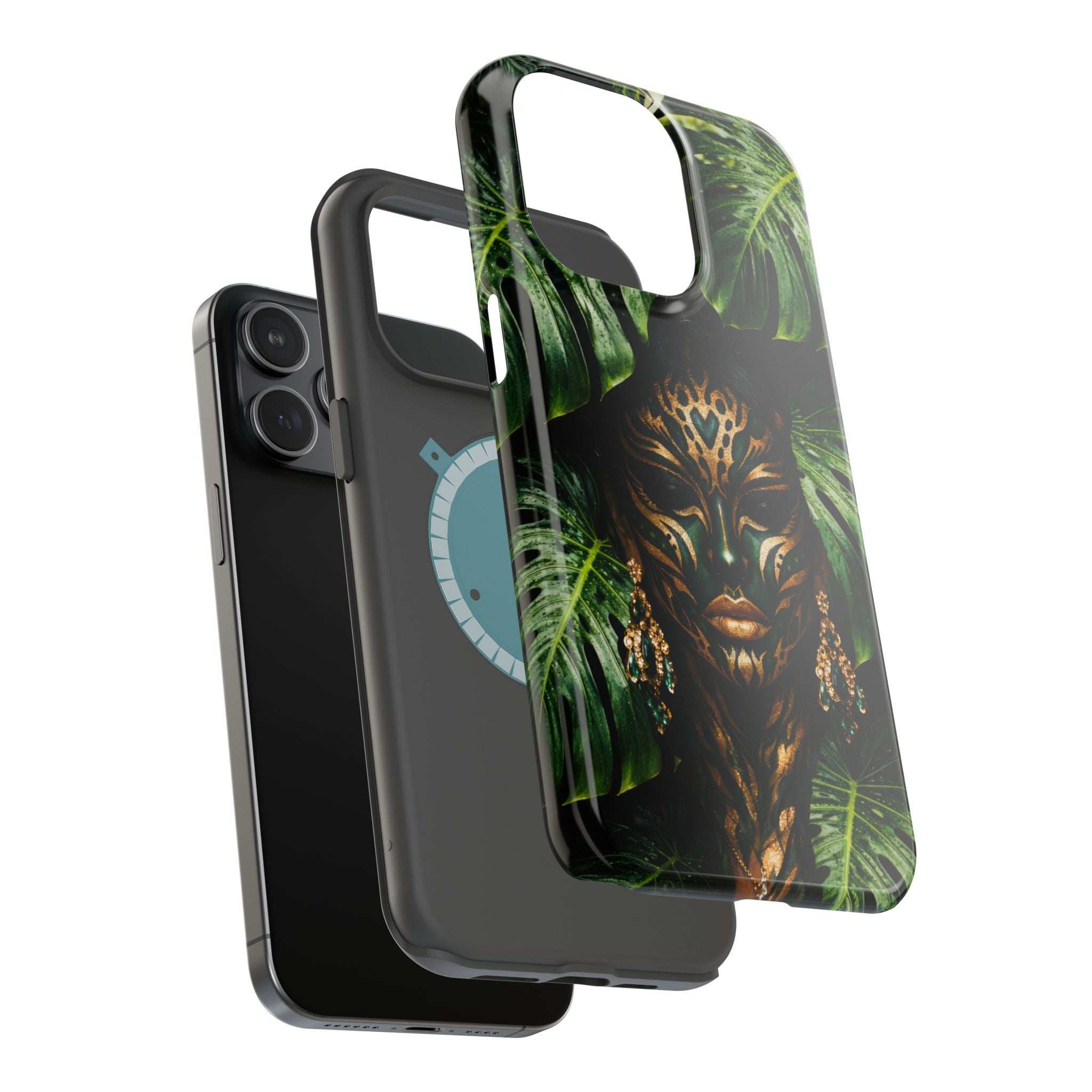 Phone case showing jungle lion face and leaf pattern, with button and camera openings