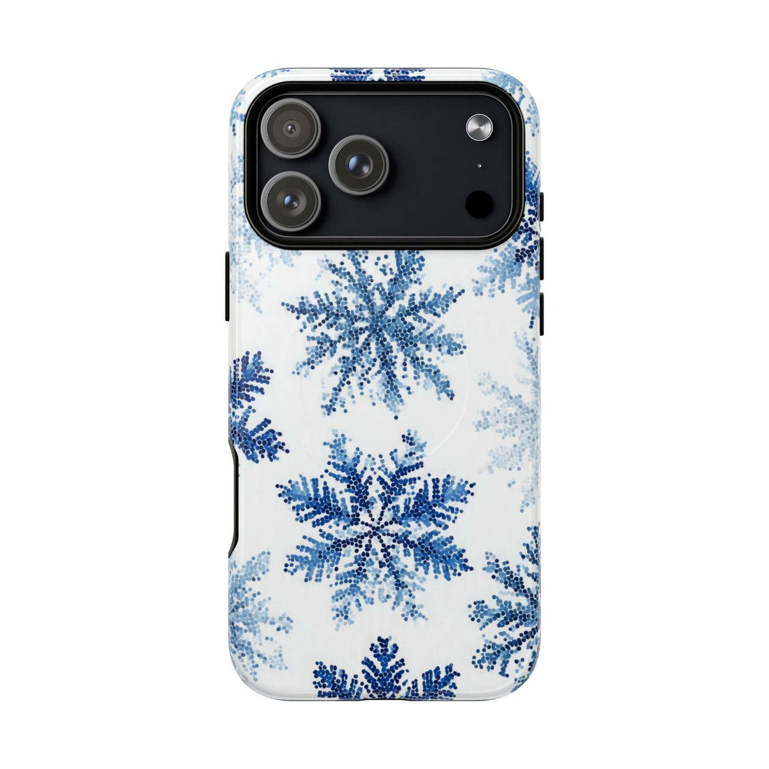 Snowflake-pattern phone case, white with blue flakes and camera cutout