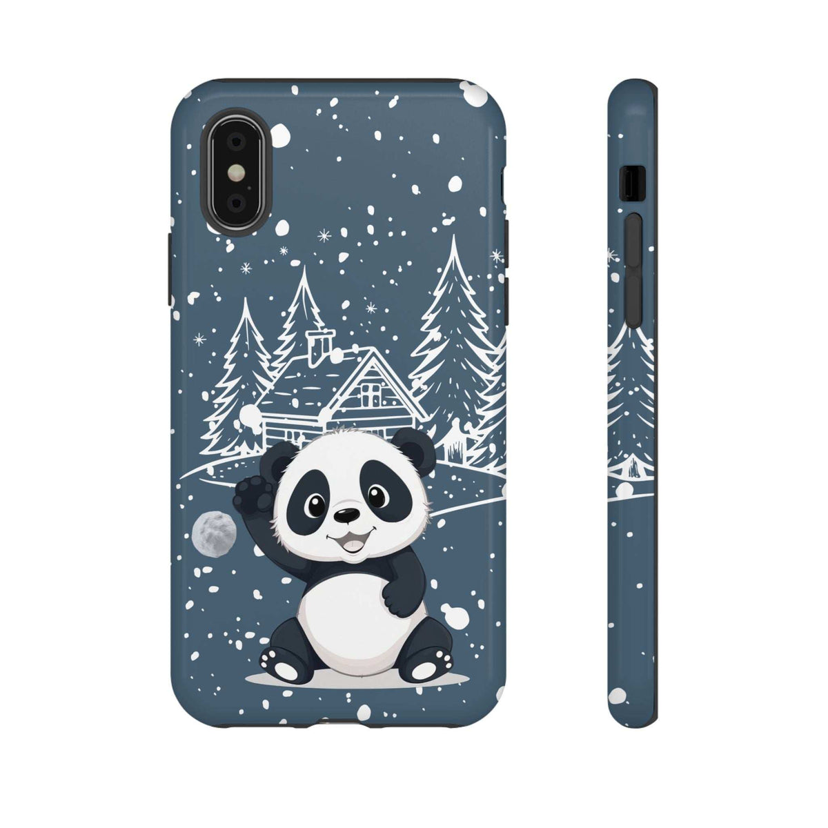 Dark blue phone case with small panda face and snowy winter design, front and side