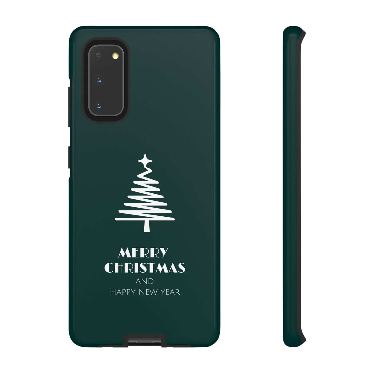 Glossy green Christmas phone case front-side view with white tree and 'Merry Christmas' text