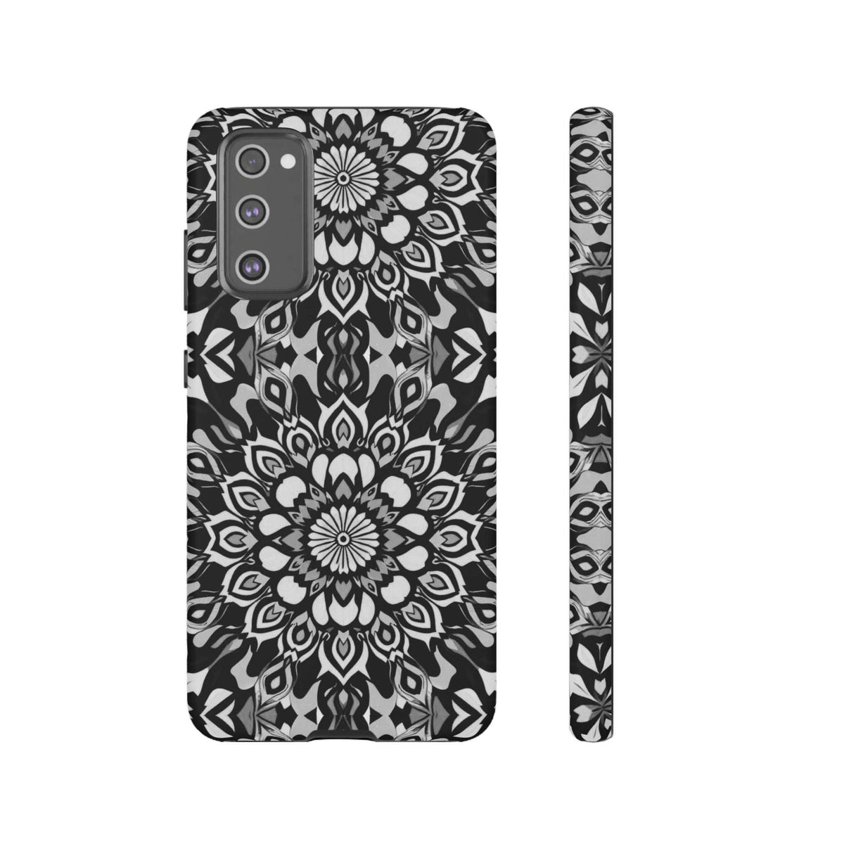 Mandala phone case with black-and-white mandala artwork and narrow patterned side strip