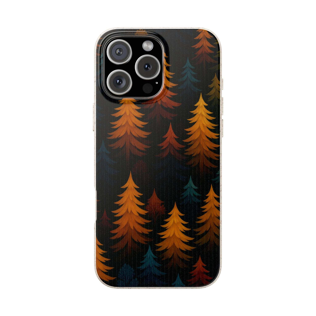Biodegradable phone case with dark forest tree pattern and raised camera cutouts