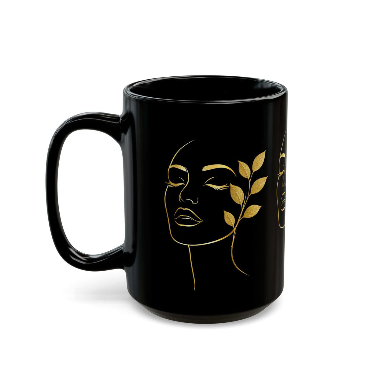 Black coffee mug with gold line-art face and botanical accents