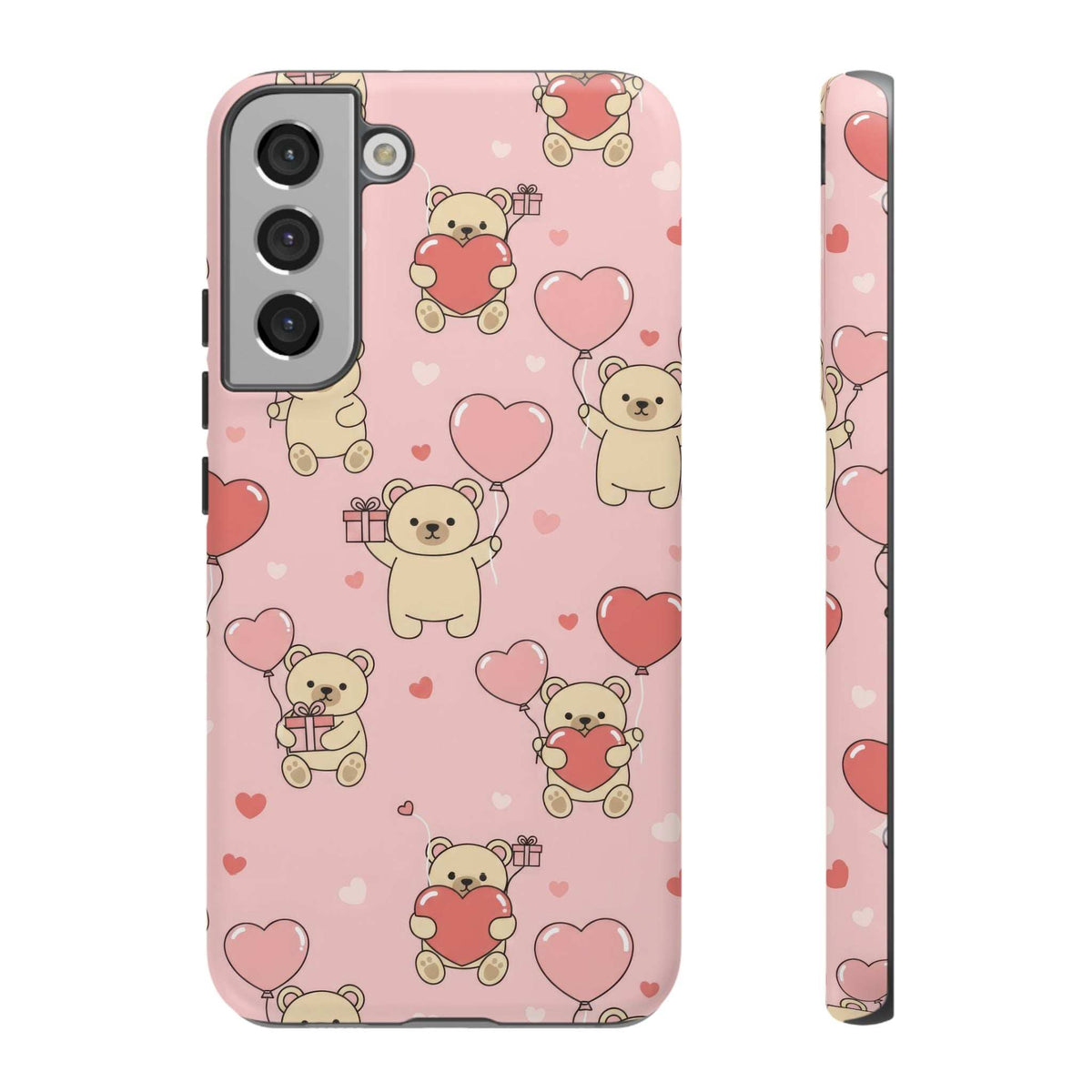 Pink teddy bear and heart phone case with camera cutout and side opening for buttons