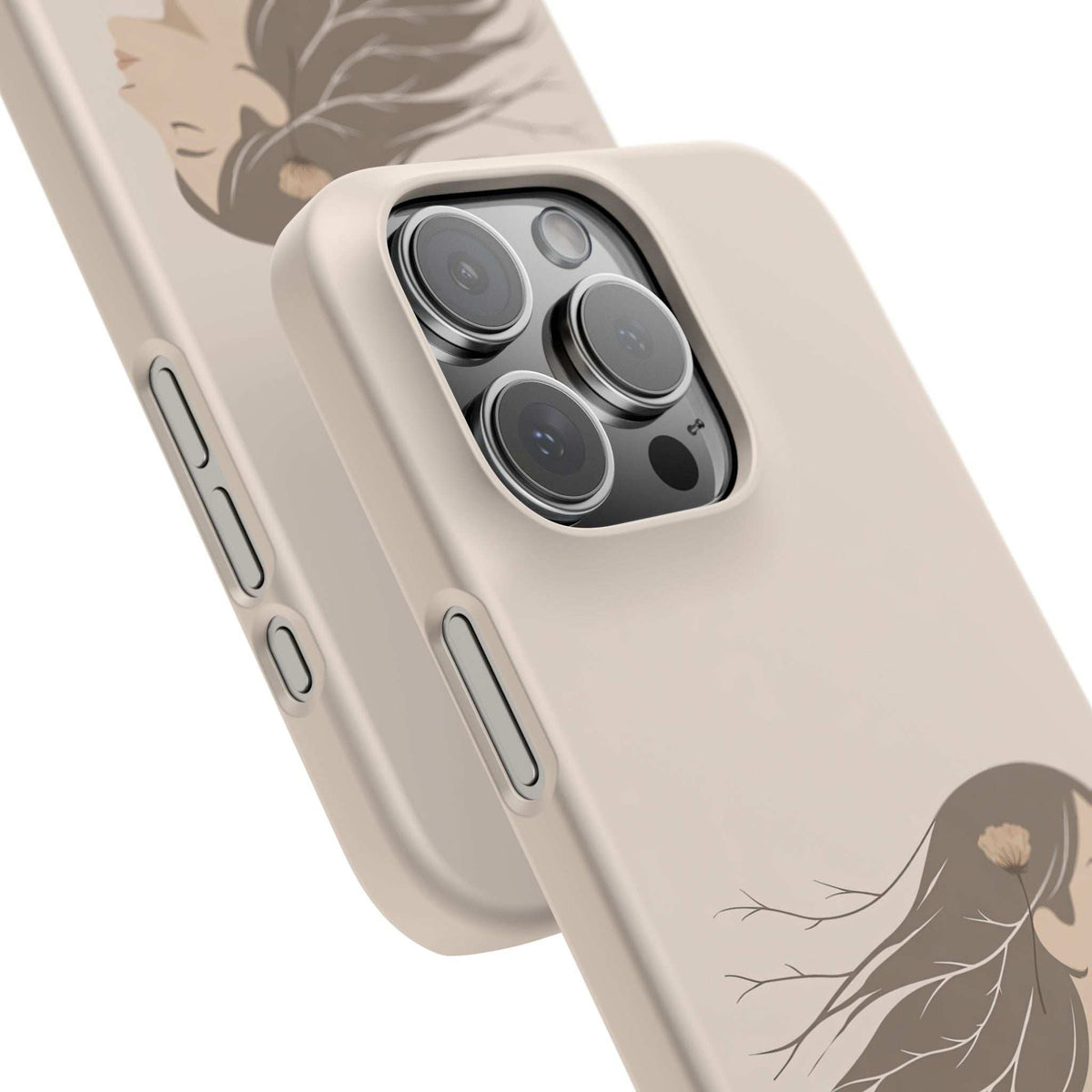 Beige phone case with line art woman and flower, raised camera cutout, side buttons