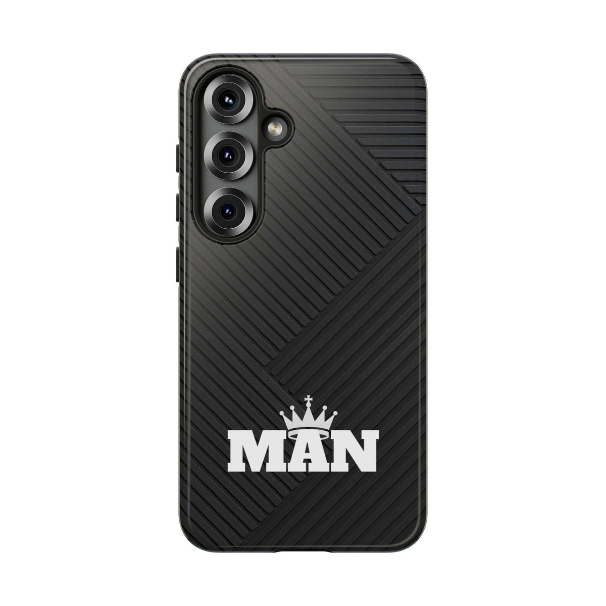 Black phone case with MAN logo, ribbed diagonal pattern, side button cutout