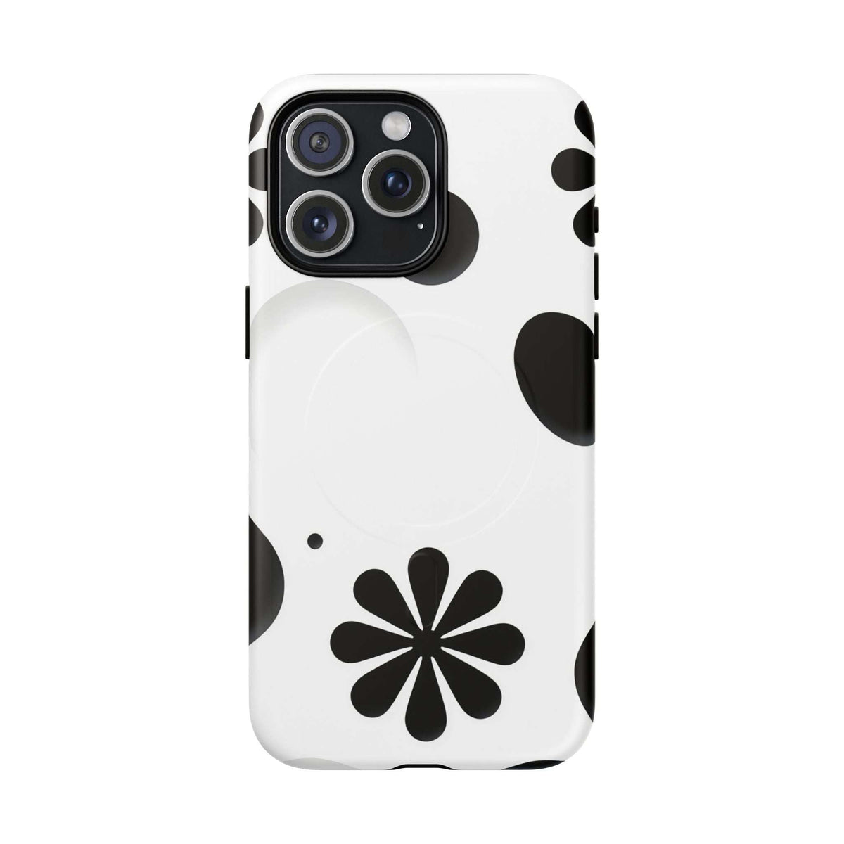 White phone case with black flower and dot pattern, triple-lens camera cutout