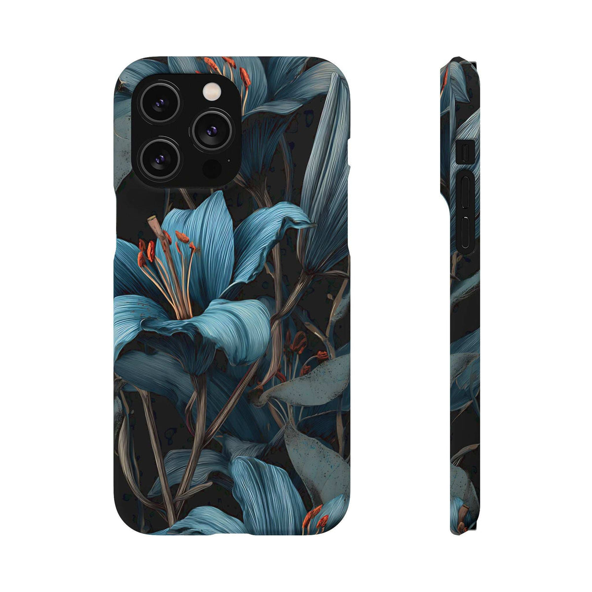 Blue lily floral phone case, back view with prominent triple camera cutouts