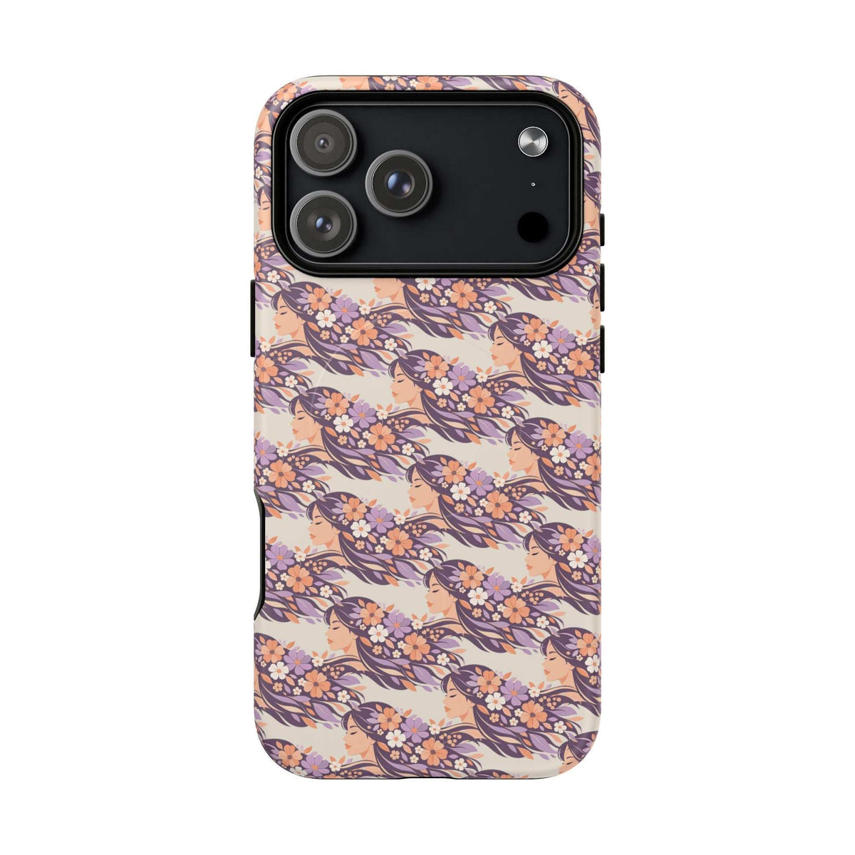 Floral phone case with dual-camera cutout, pink and navy blossom pattern