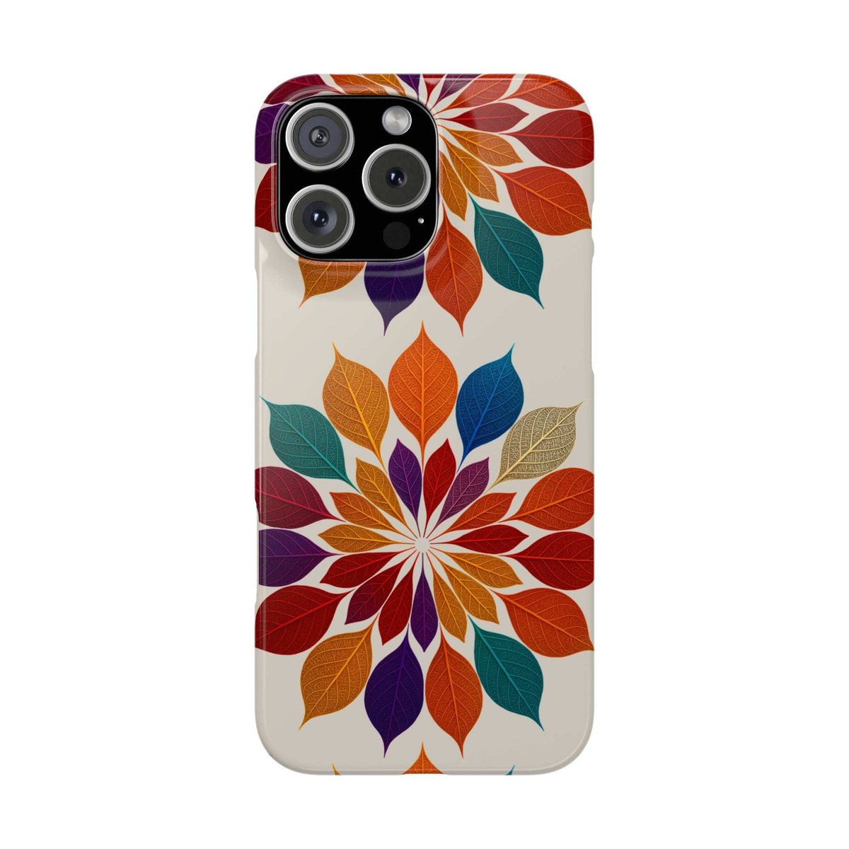 Leaf mandala phone case with multicolor leaf pattern and front camera cutouts