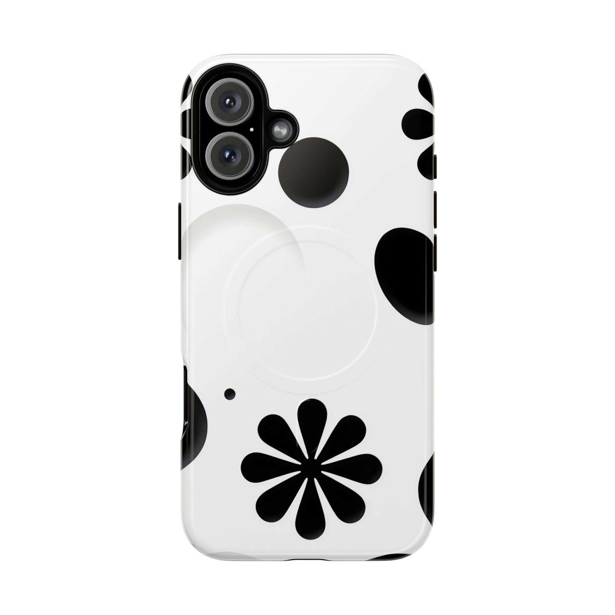 Phone case with black flower-and-bubble shapes on white, dual camera cutouts