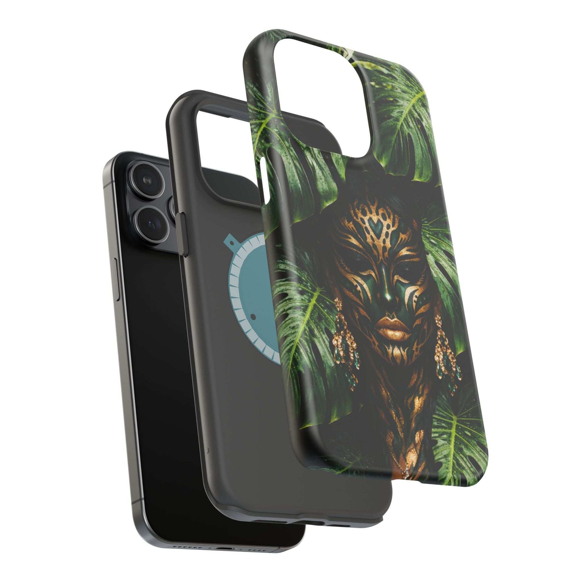 Phone case angled view: jungle lion face artwork with green leaves on the back panel