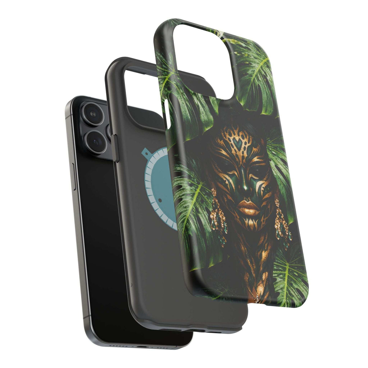 Phone case angled view: jungle lion face artwork with green leaves on the back panel