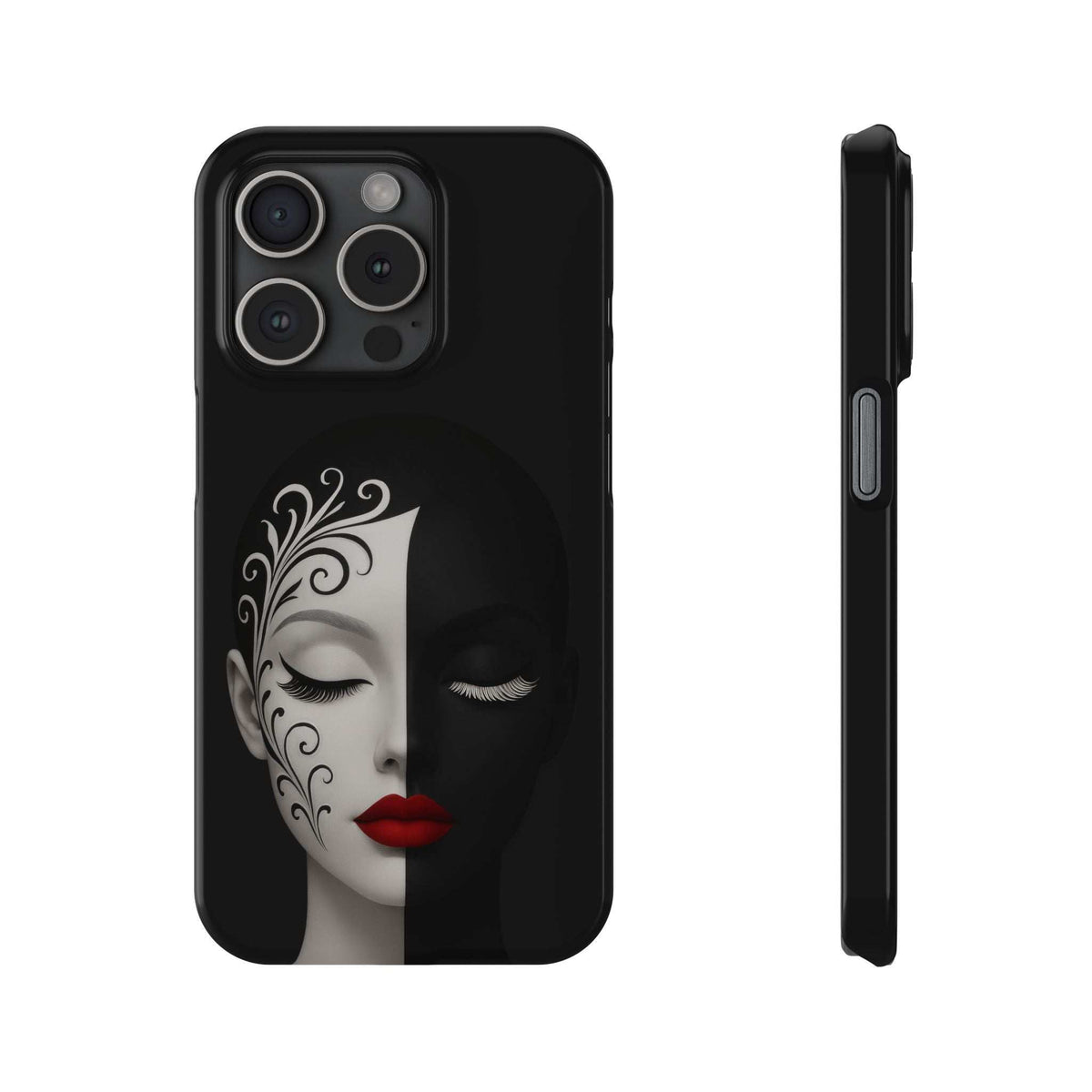 Black phone case with ornate woman face illustration, red lips, and side button openings