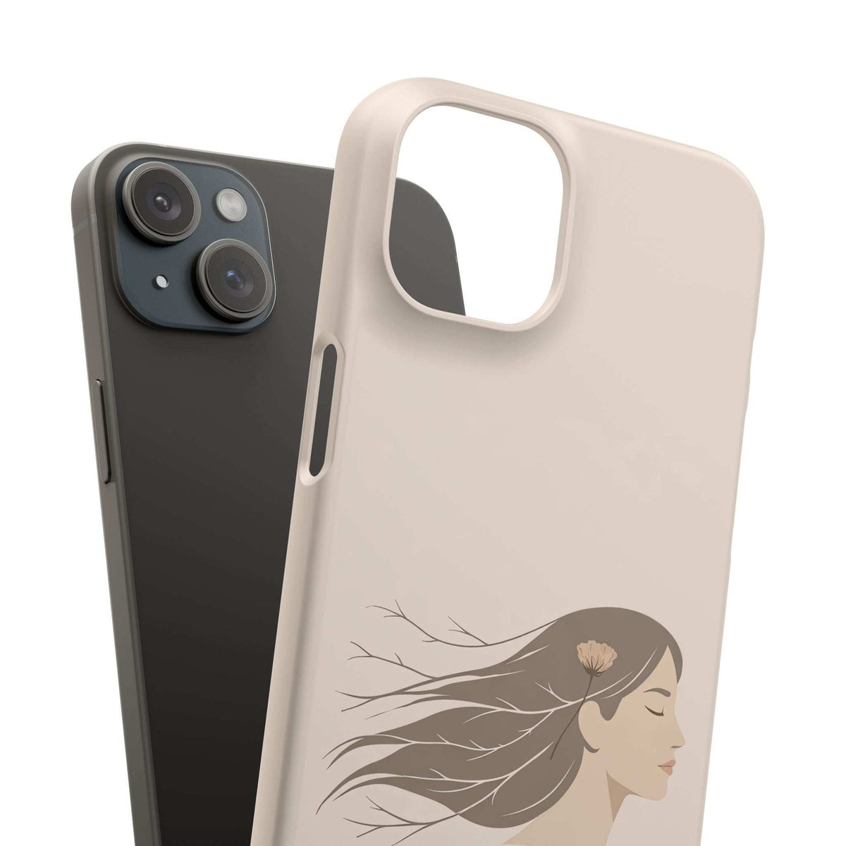 Light tan and dark phone cases side by side, woman line-art, camera cutouts, and port openings