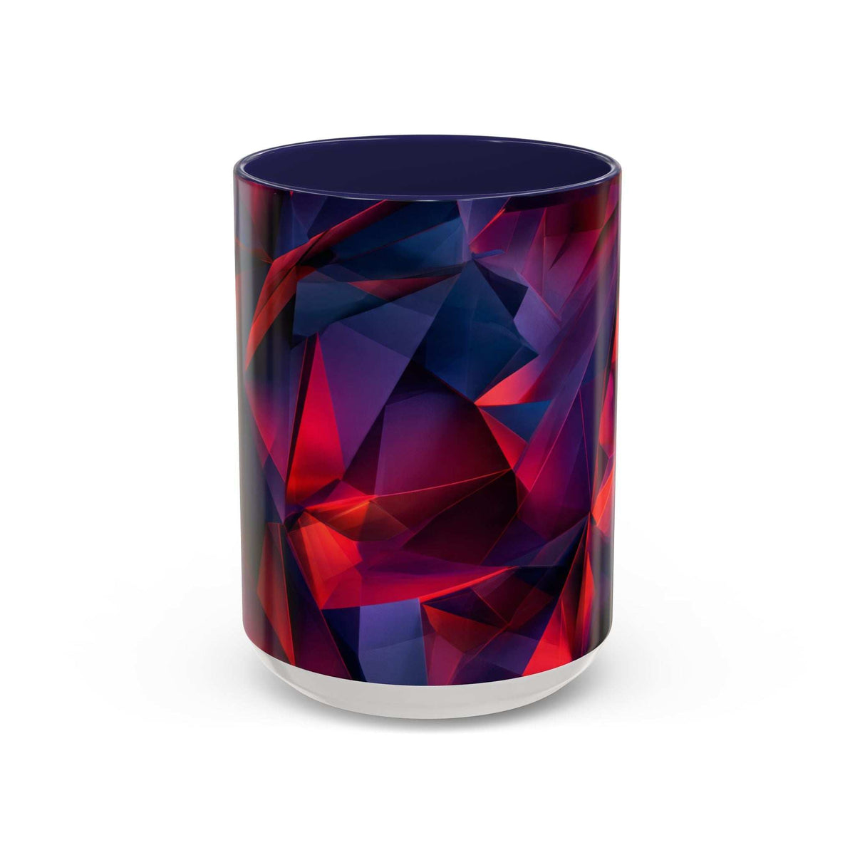 Ceramic mug with geometric red and navy abstract wrap; navy top and white base ring