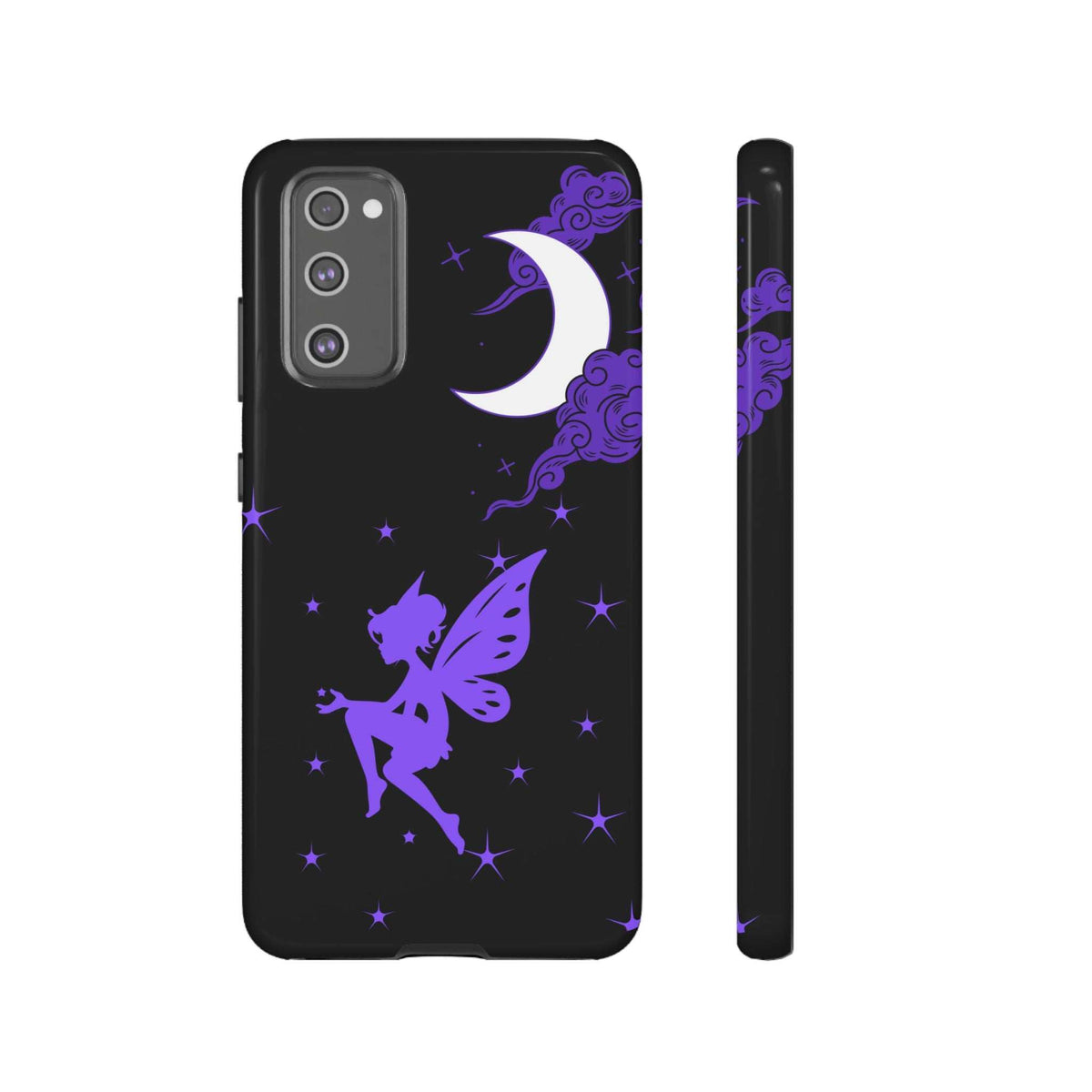 Black phone case with purple crescent moon and fairy; camera cutout and slim side view
