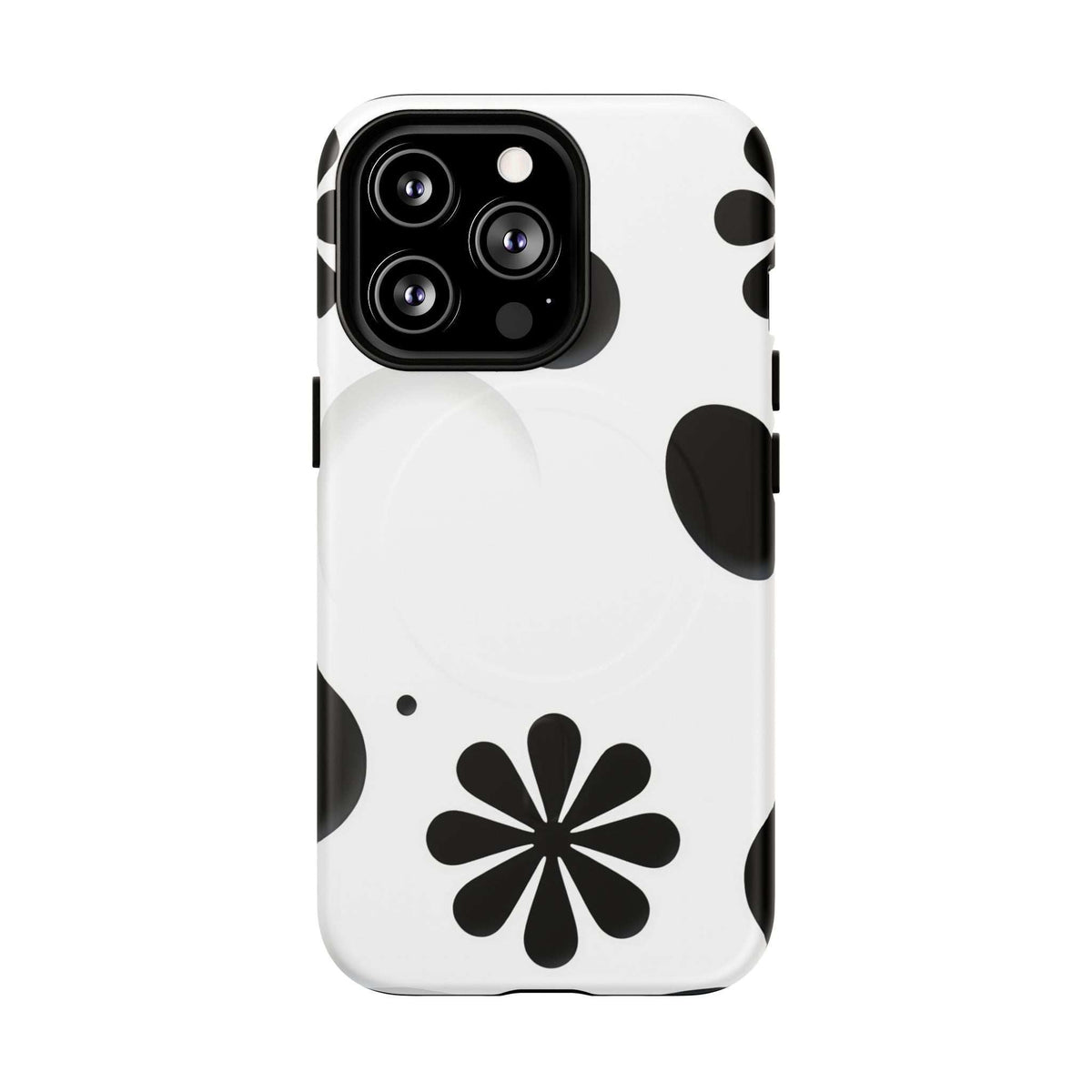 White phone case with black flower design, triple-lens camera cutout, magnetic side tab