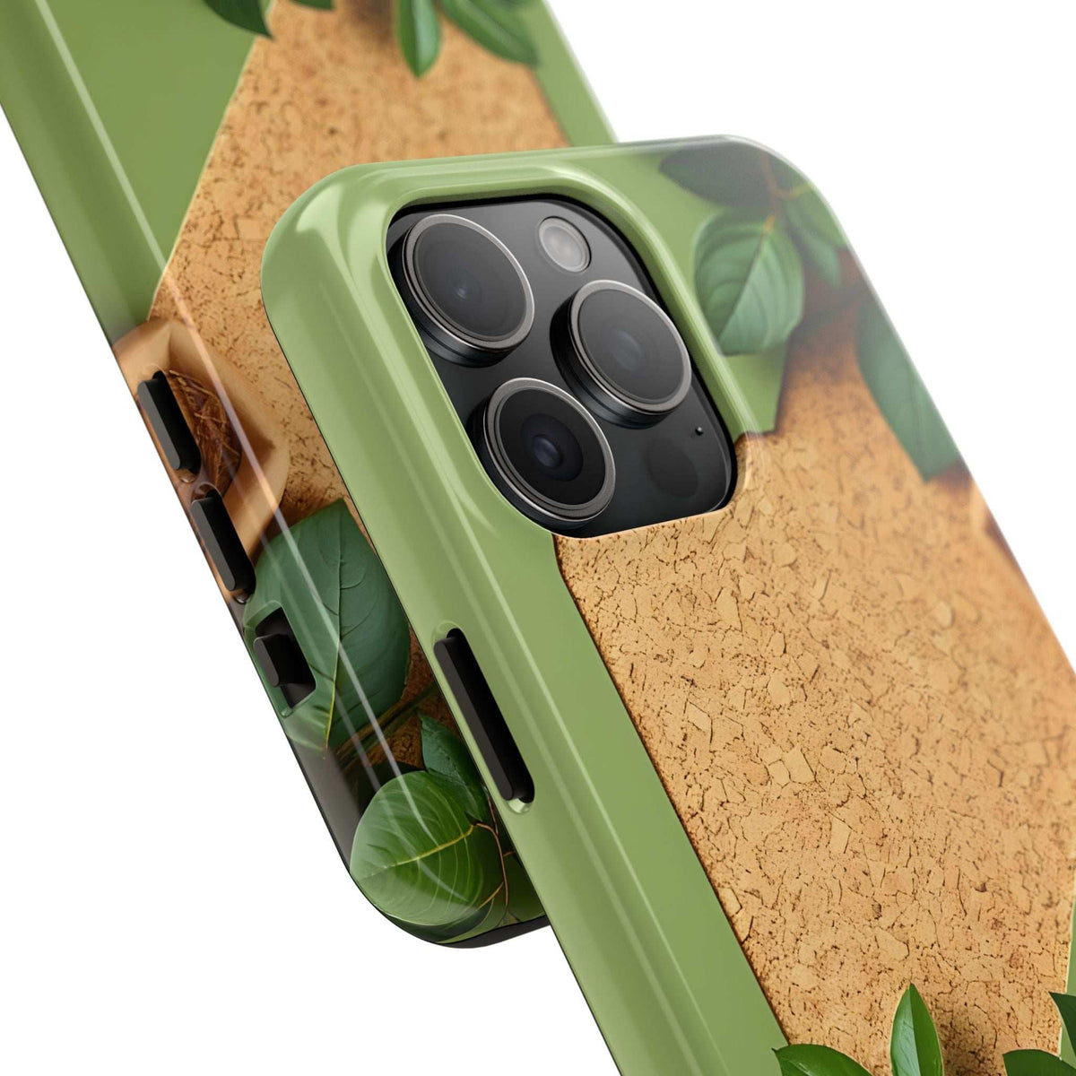 Green eco phone case close-up with cork-look panel, camera cutout and side buttons