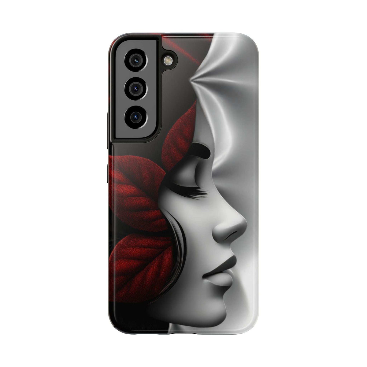 Snap-on phone case with silver face profile and red rose graphic