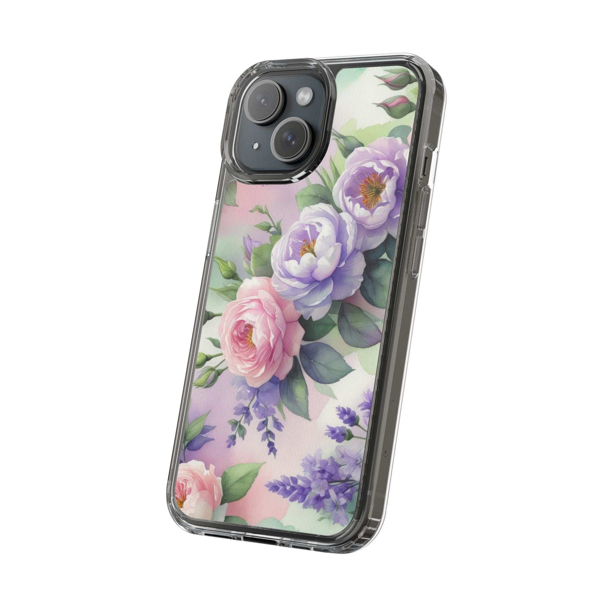 Clear floral phone case front view with pastel purple and pink blossoms on transparent back