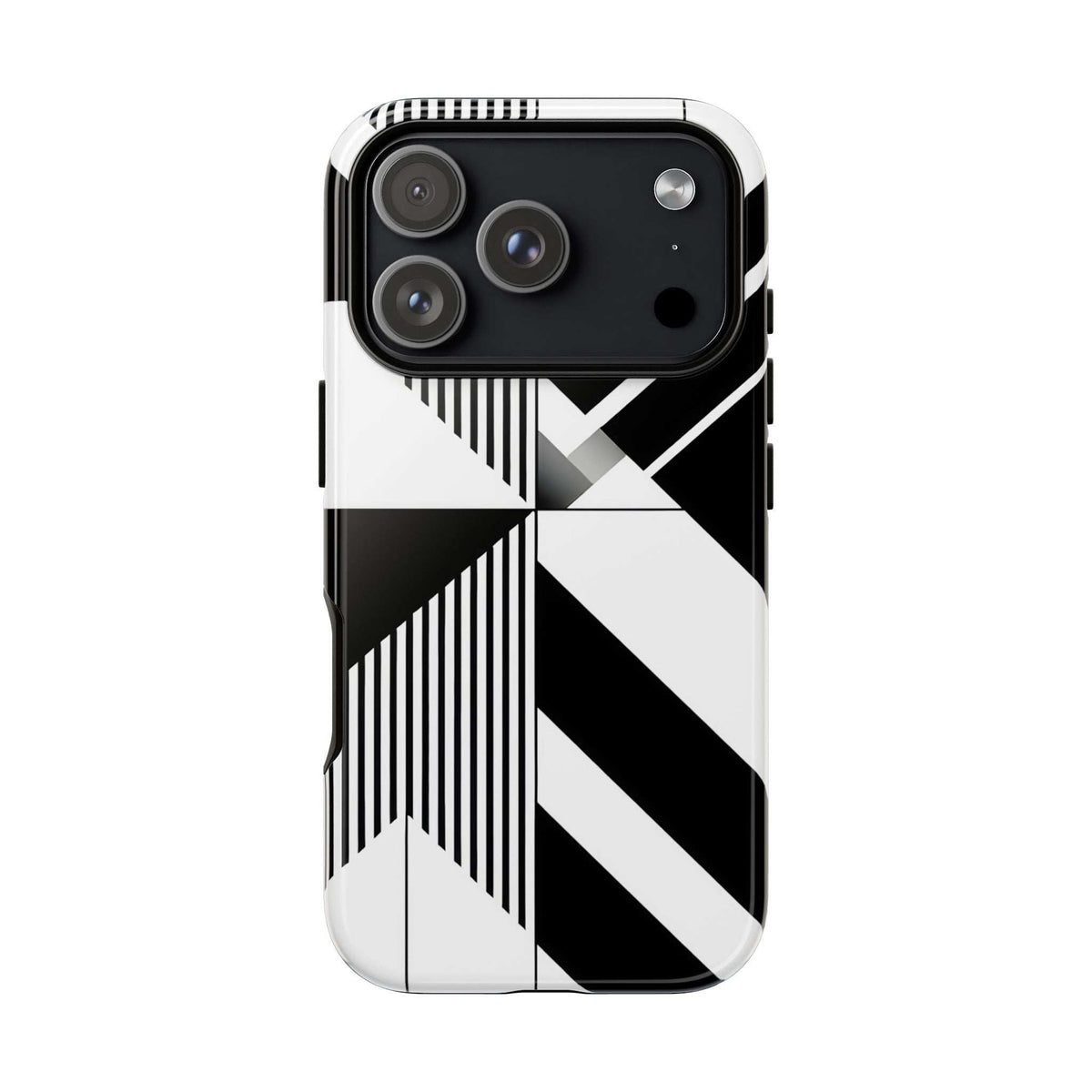 Tough phone case with black-and-white diagonal stripes and multiple camera lens openings.