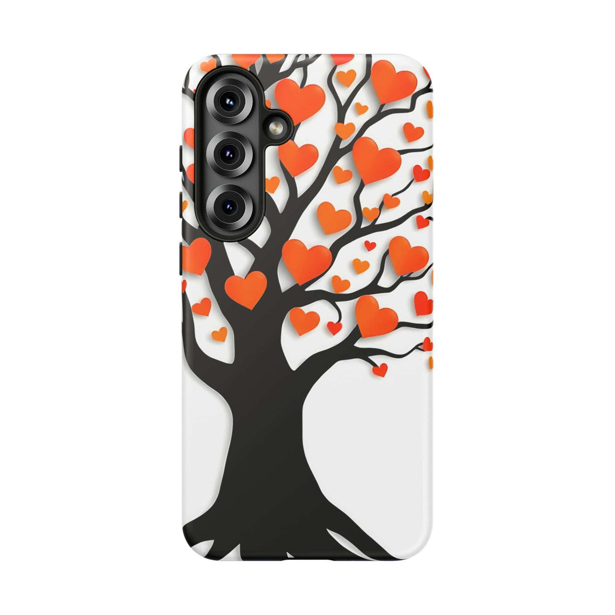 Phone case with white background, black tree silhouette, orange heart pattern, camera cutouts