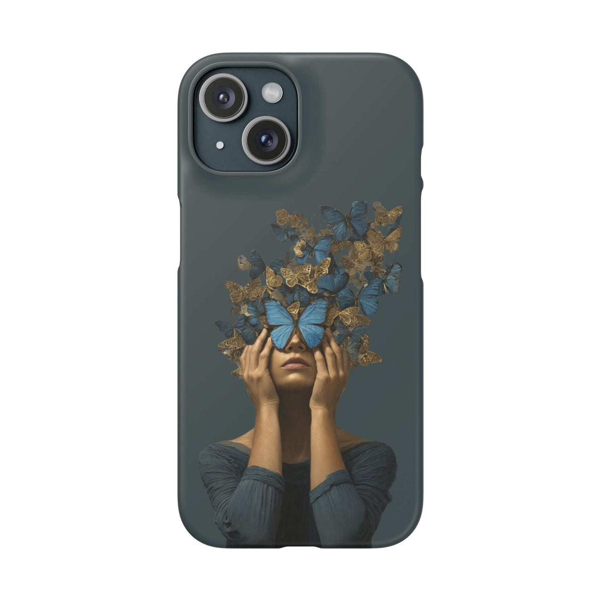 Dark gray phone case with blue butterfly crown artwork; dual camera cutouts on back.