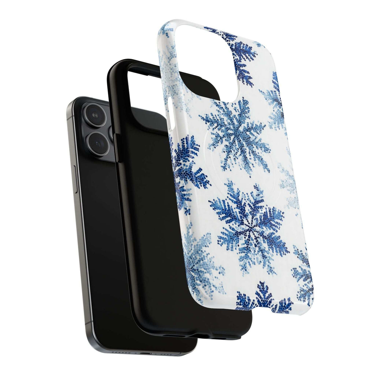 Snowflake phone case for iPhone, layered angle with blue snowflake pattern on white