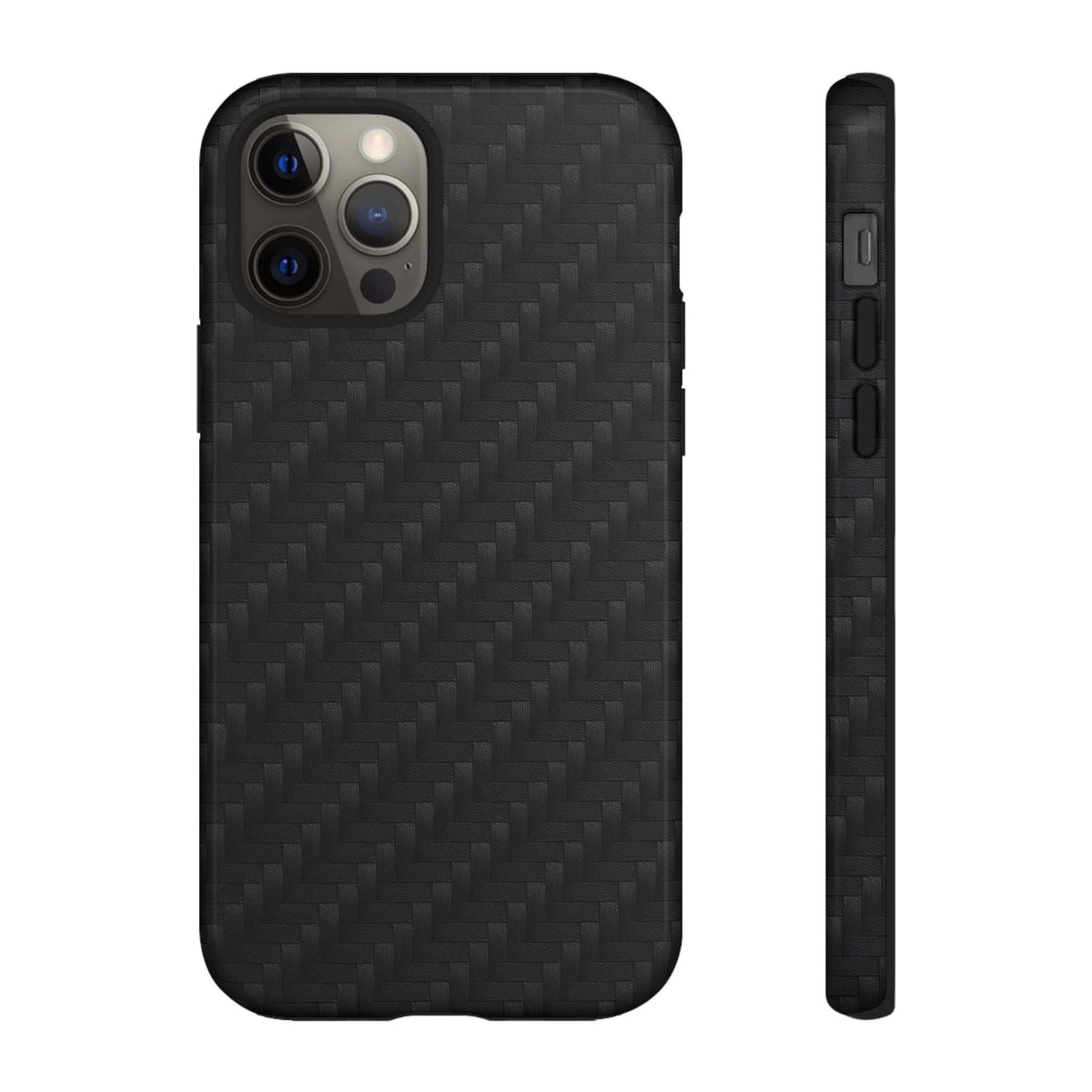 Black carbon fiber phone case with triple camera cutout, glossy finish, front and side