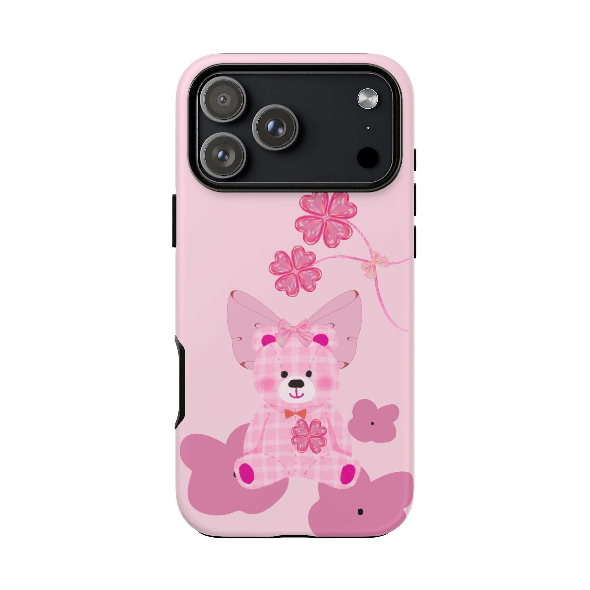 Pink teddy bear phone case with bow and flower graphics, triple camera cutout